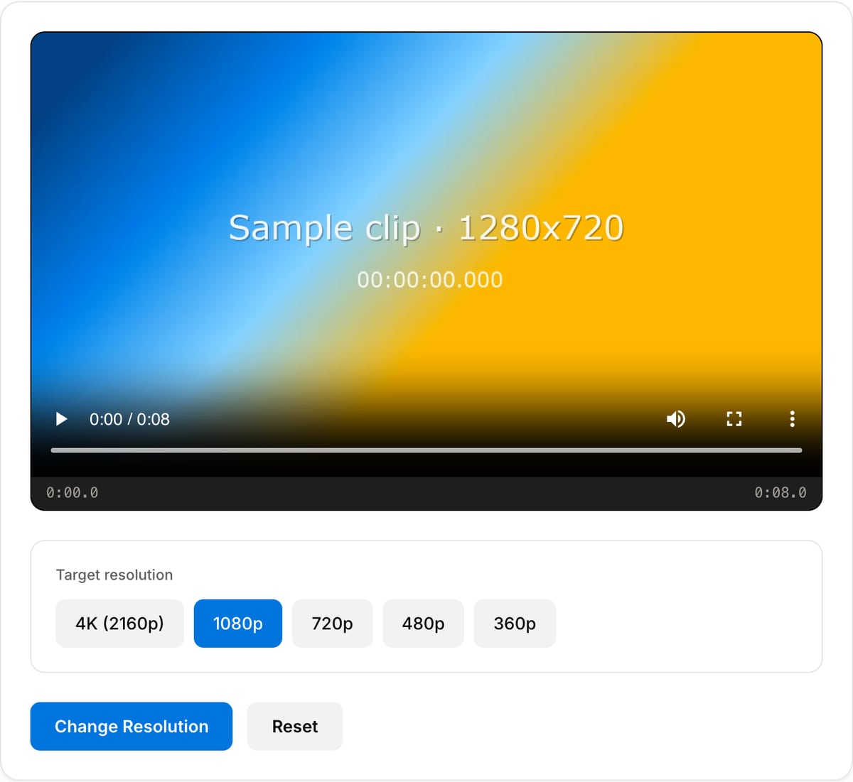 Video Resolution Changer with a clip loaded: video preview above 4K (2160p), 1080p, 720p, 480p and 360p preset buttons, 1080p selected, and the Change Resolution button
