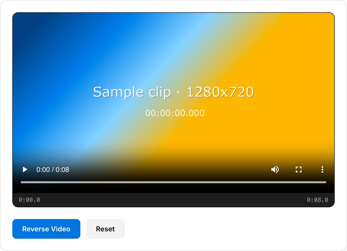 Video Reverse with a clip loaded: preview player with time readout, then the Reverse Video and Reset buttons below it
