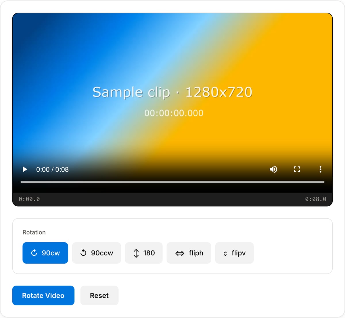 Video Rotator with a clip loaded: video preview, a Rotation row of five buttons (90cw, 90ccw, 180, fliph, flipv) with 90cw selected, plus Rotate Video and Reset buttons