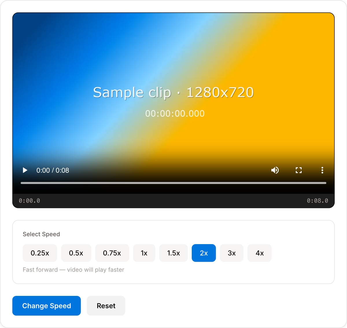 Video Speed Changer with a clip loaded: speed presets from 0.25x to 4x and the Change Speed button
