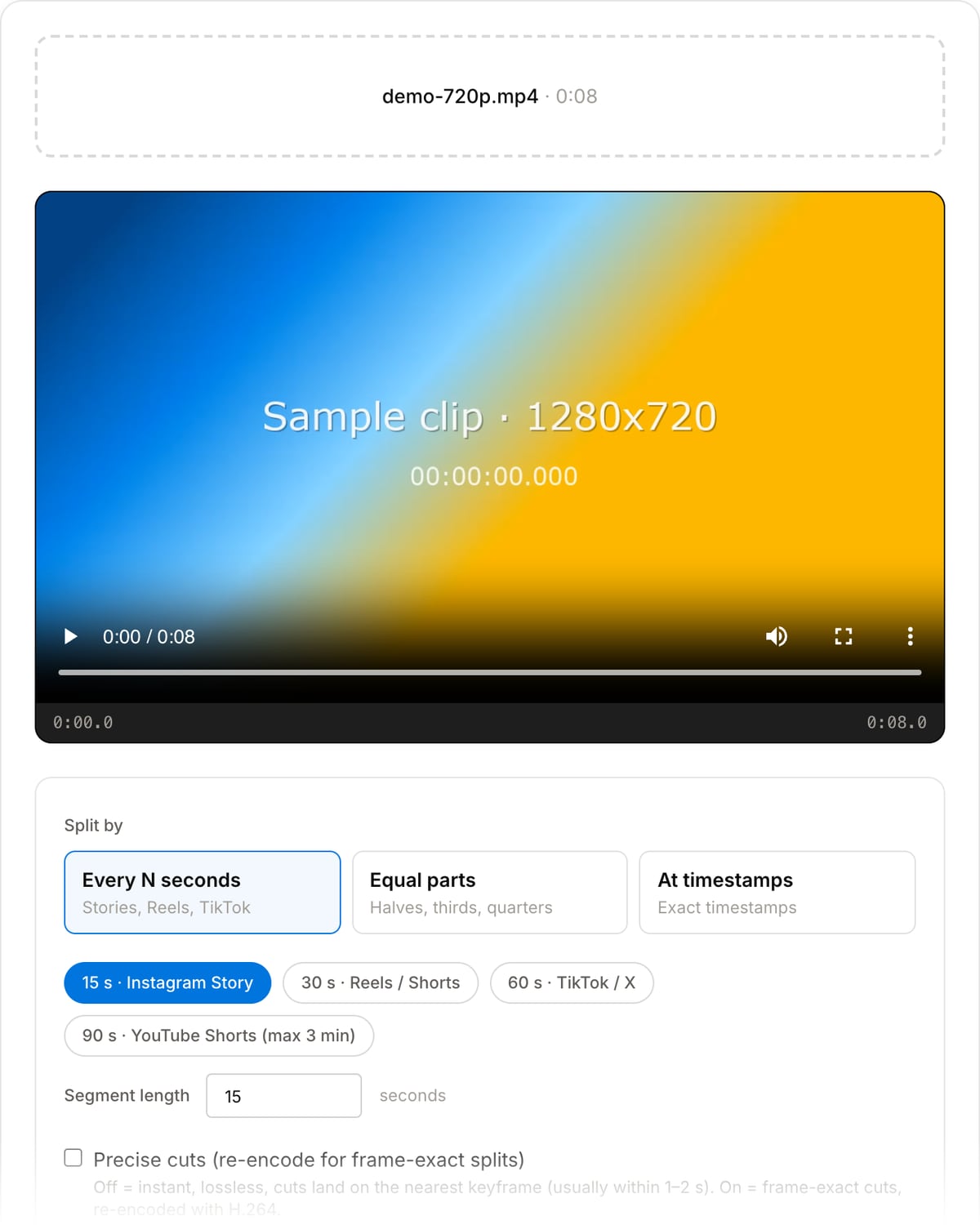 Video Splitter with a clip loaded: Split by mode cards for every N seconds, equal parts and timestamps, platform presets, segment length and the Split Video button