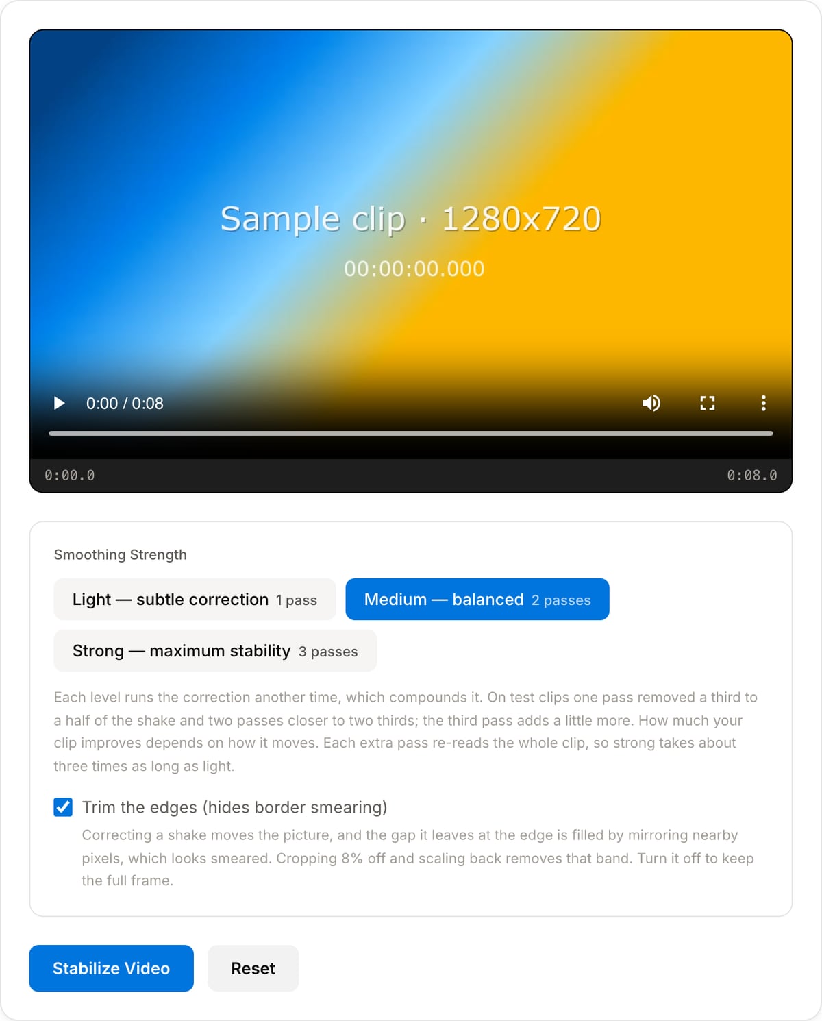 Video Stabilizer with a clip loaded: preview player, the Light, Medium and Strong smoothing buttons labelled by pass count with Medium selected, the trim-the-edges checkbox, and the Stabilize Video and Reset buttons