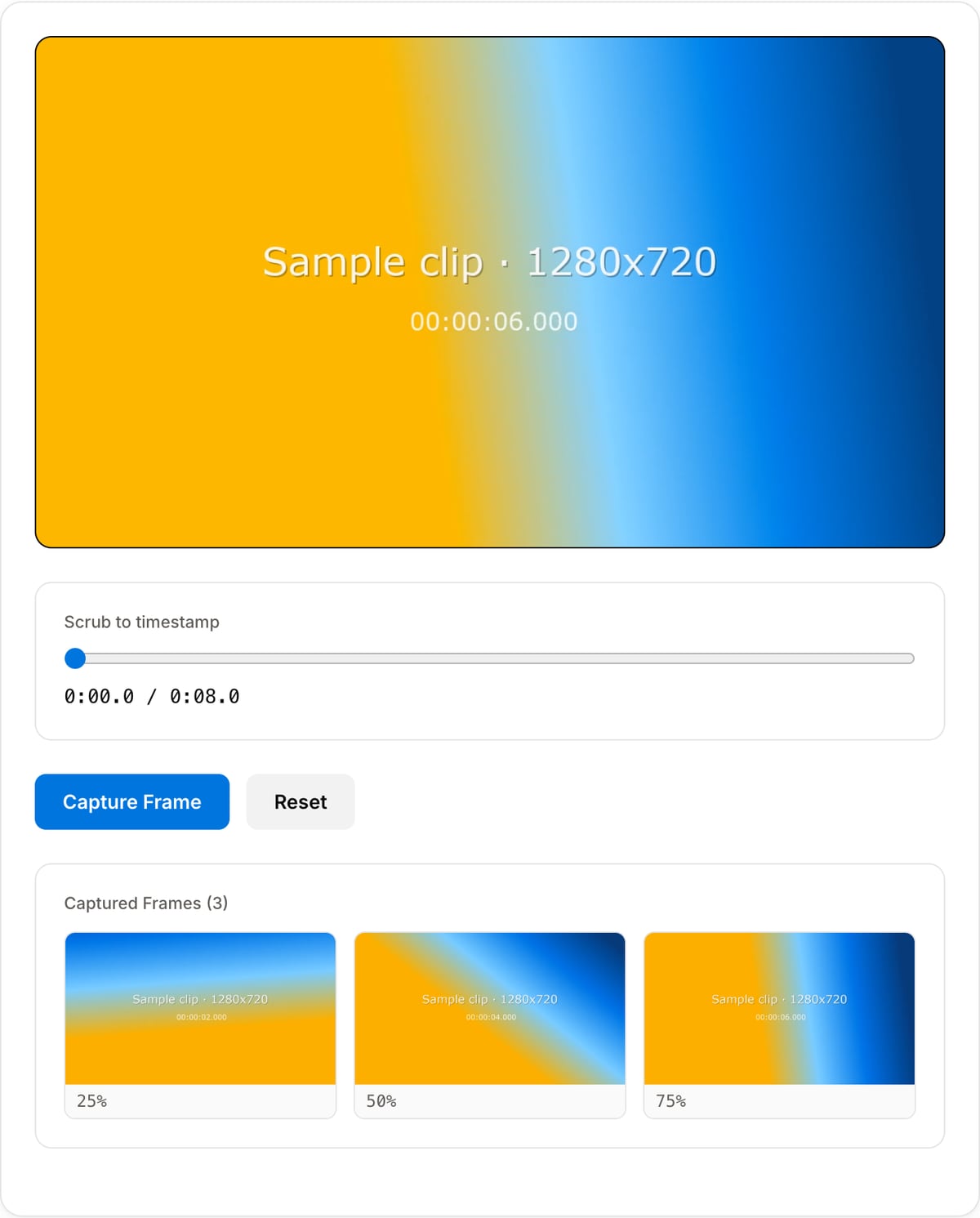 Video Thumbnail Generator with a clip loaded: video preview, timestamp scrub slider with time readout, capture and Reset buttons, and three auto-extracted frames labelled 25%, 50% and 75%