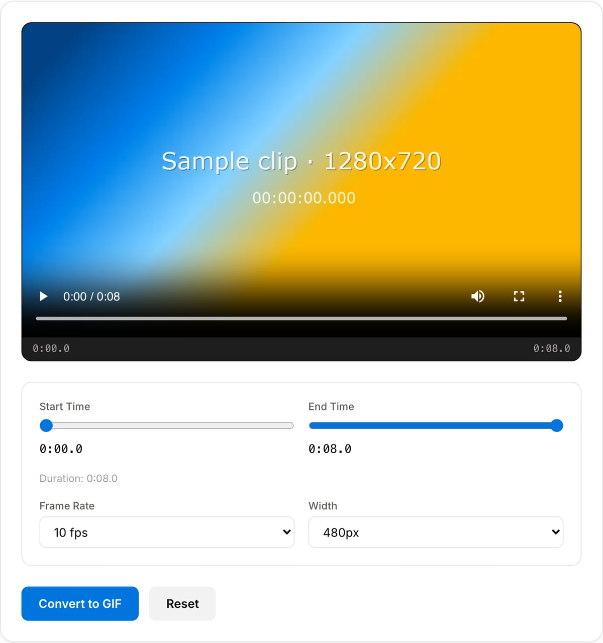 Video to GIF converter with a clip loaded: start and end range sliders, frame rate and width selects and the Convert to GIF button