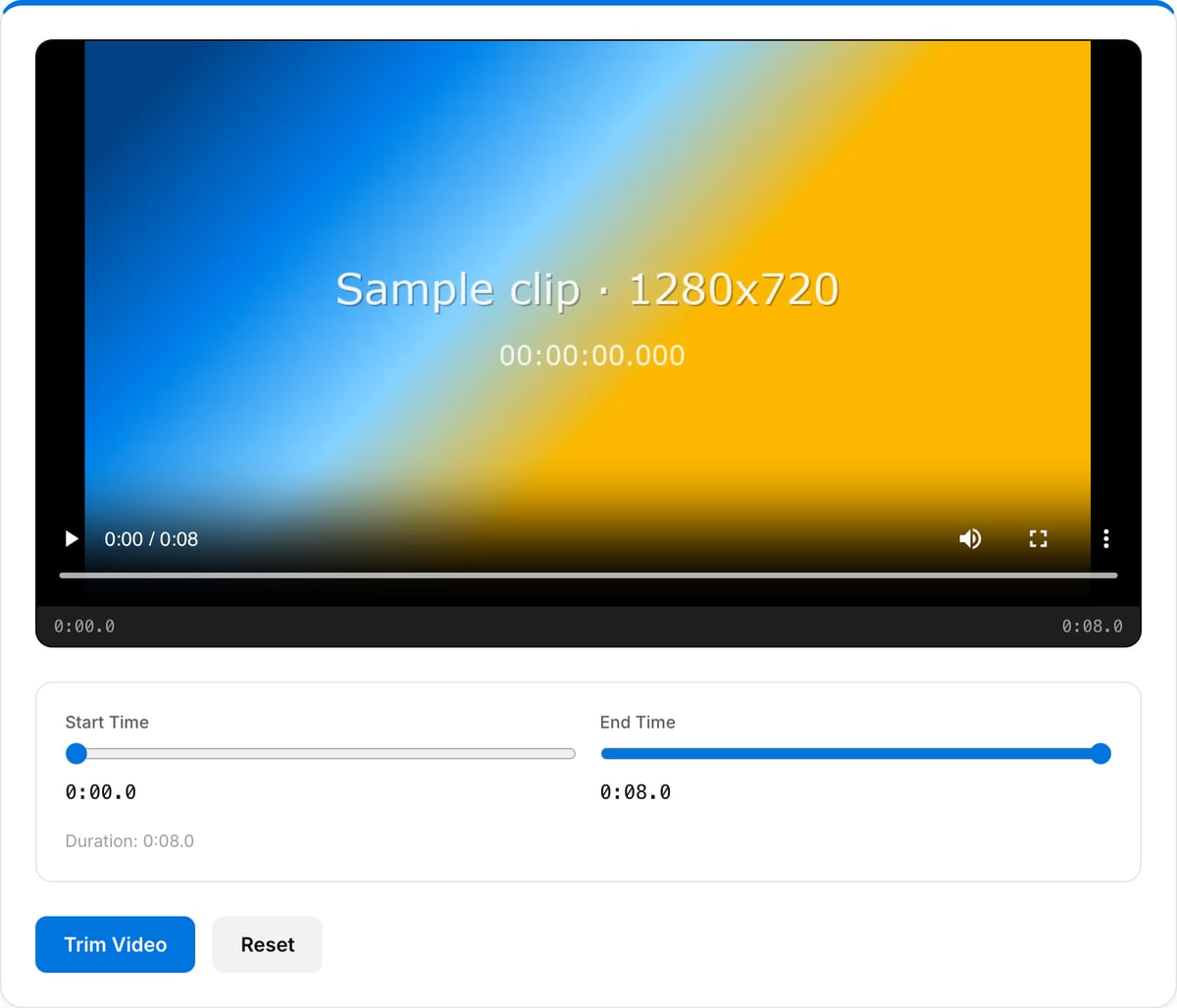 Video Trimmer with a clip loaded: preview player, Start Time and End Time sliders with readouts and the Trim Video button