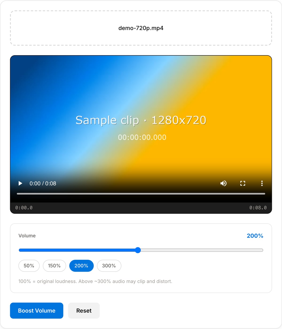 Video Volume Booster with a clip loaded: preview player with time readout, Volume slider reading 200%, 50%, 150%, 200% and 300% presets, and the Boost Volume and Reset buttons