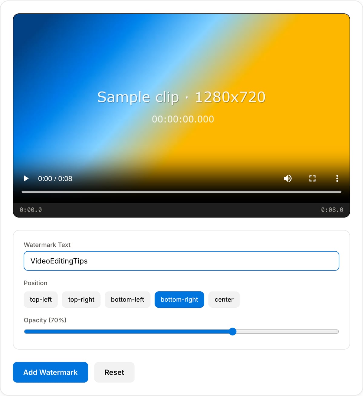 Video Watermark with a clip loaded: preview player, Watermark Text field, five position buttons from top-left to center with bottom-right selected, opacity slider at 70%, and the Reset button beside the apply button, which stays faded until text is typed
