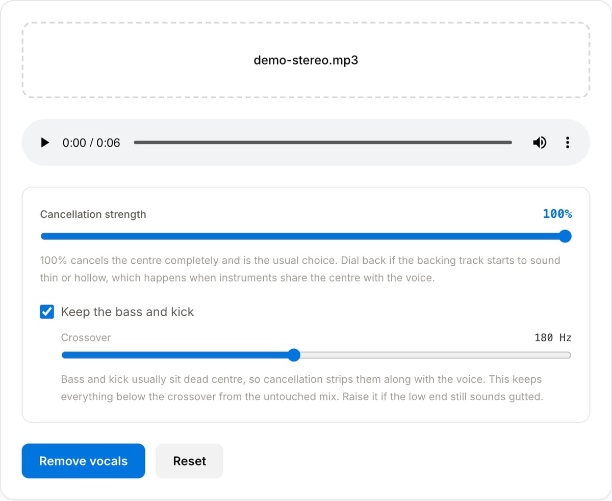 Vocal Remover with a song loaded: the audio player, a cancellation strength slider, the keep the bass option with its crossover control, and the Remove vocals button