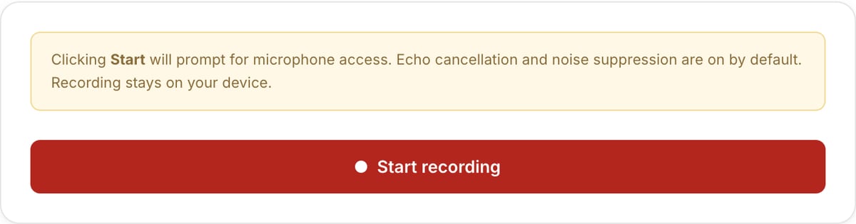 Voice Recorder card before recording: a notice that Start will ask for microphone access and the full-width red Start recording button