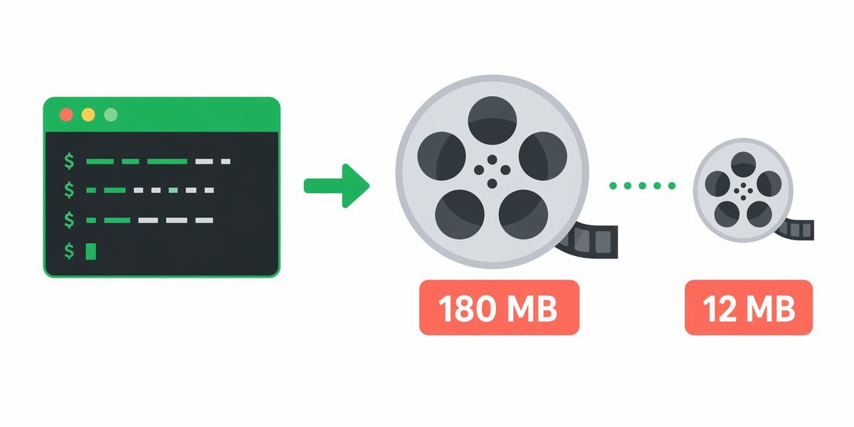 Terminal command feeding a film reel icon, output reel labeled 180 MB to 12 MB