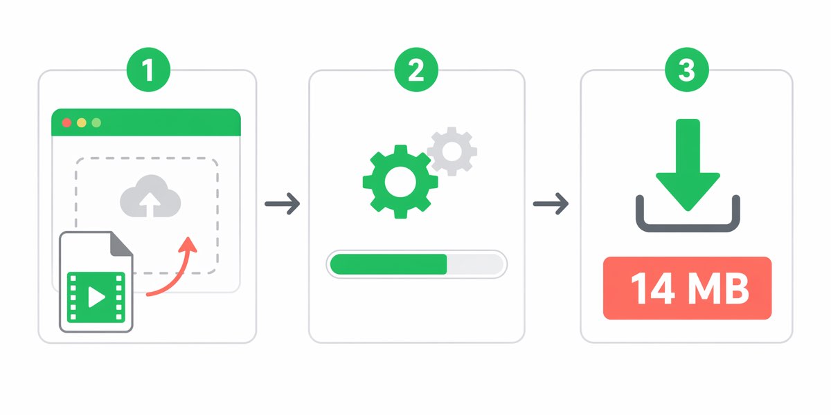 Three-step browser workflow: drag file in, progress bar, download 14 MB file