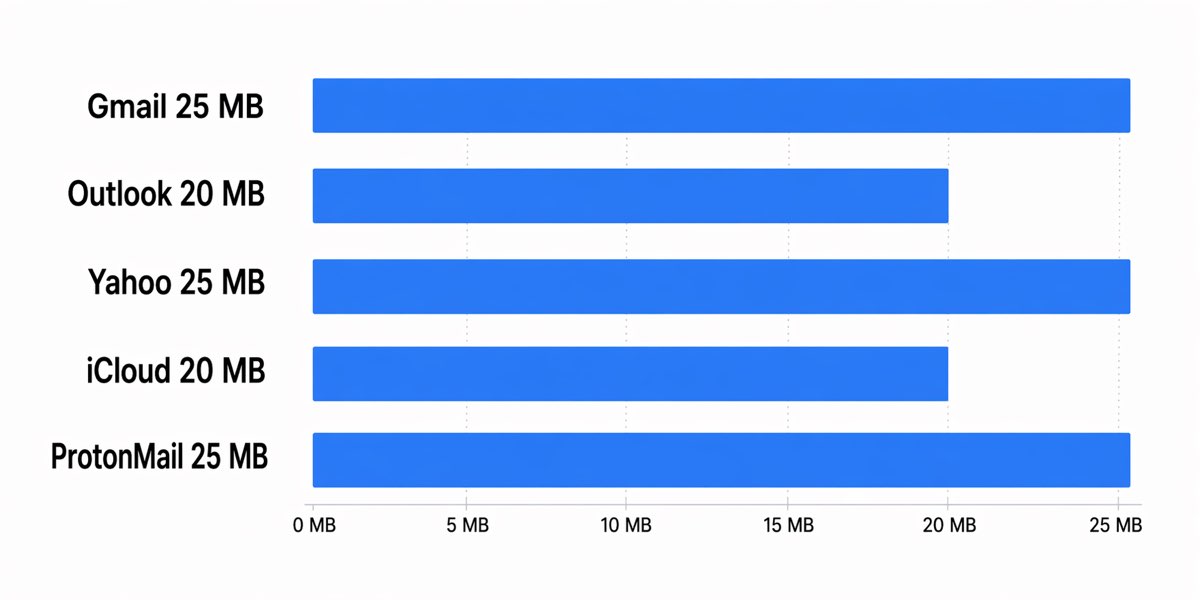 Bar chart comparing Gmail 25MB, Outlook 20MB, Yahoo 25MB, iCloud 20MB, ProtonMail 25MB attachment caps