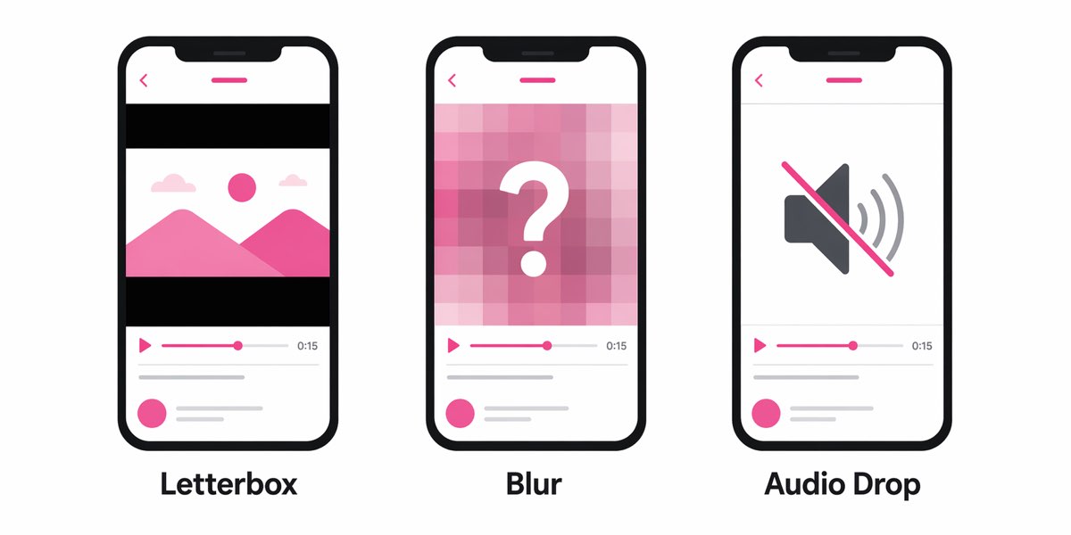 Three phone screens side by side: black letterbox bars, pixelated blurry playback, muted audio icon