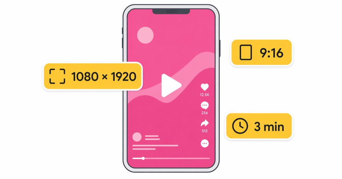 Vertical smartphone showing short-form video with floating spec labels 1080x1920, 9:16, 3 min